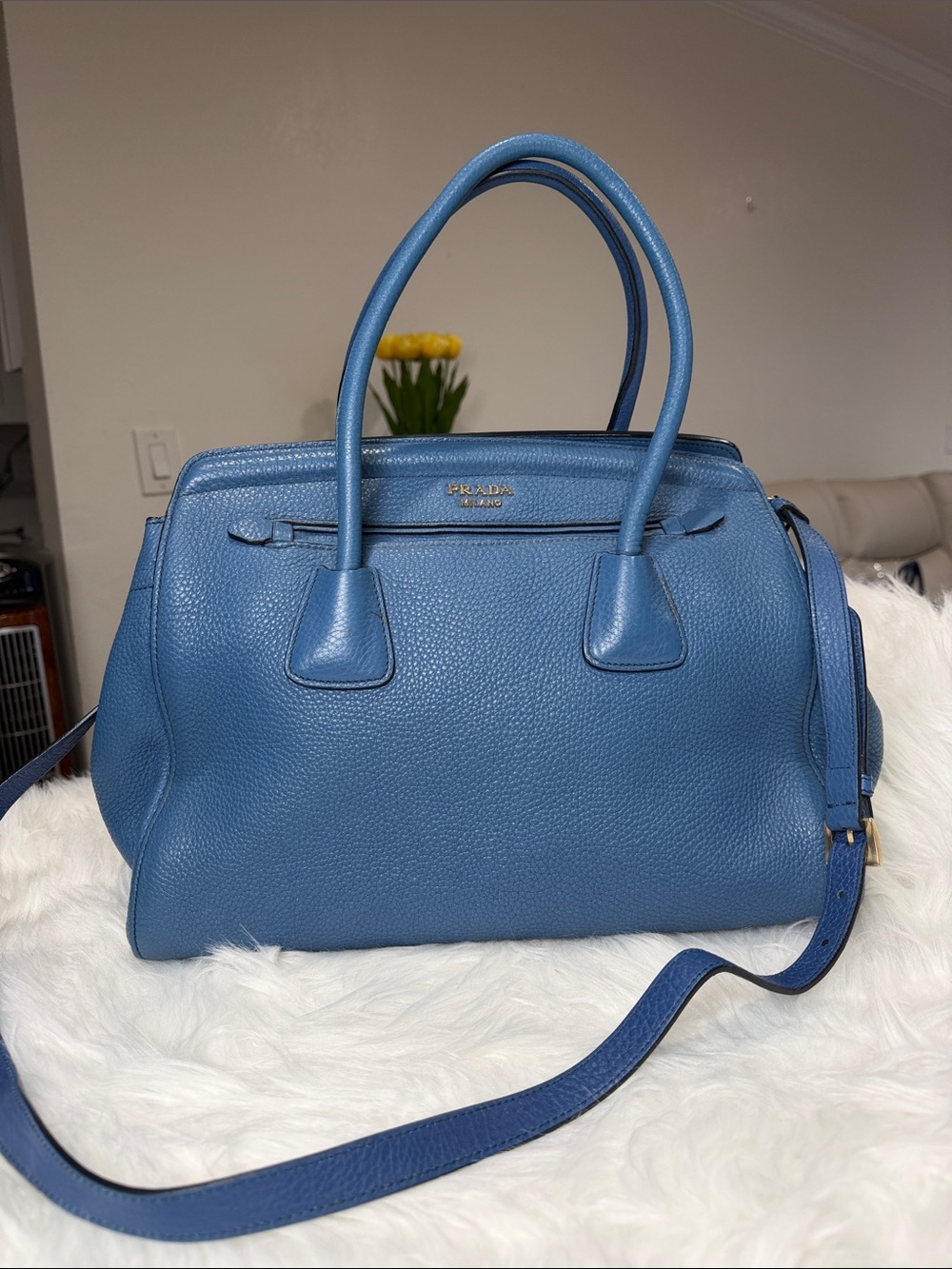 Prada Blue Pebbled Leather Two-Way Satchel Shoulder Bag - Picture 13 of 14